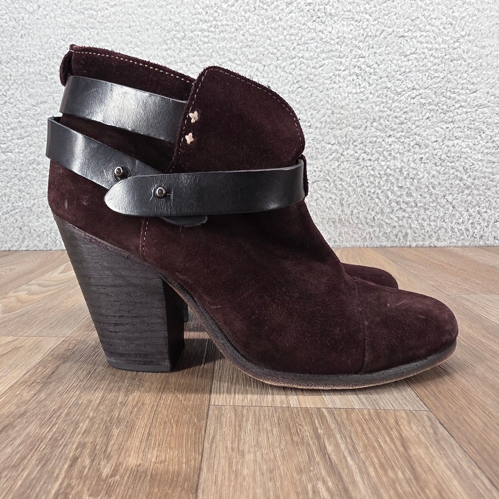 Rag & Bone Suede Leather Ankle Booties Strap Buckle Heeled‎ Size 37 Burgundy
